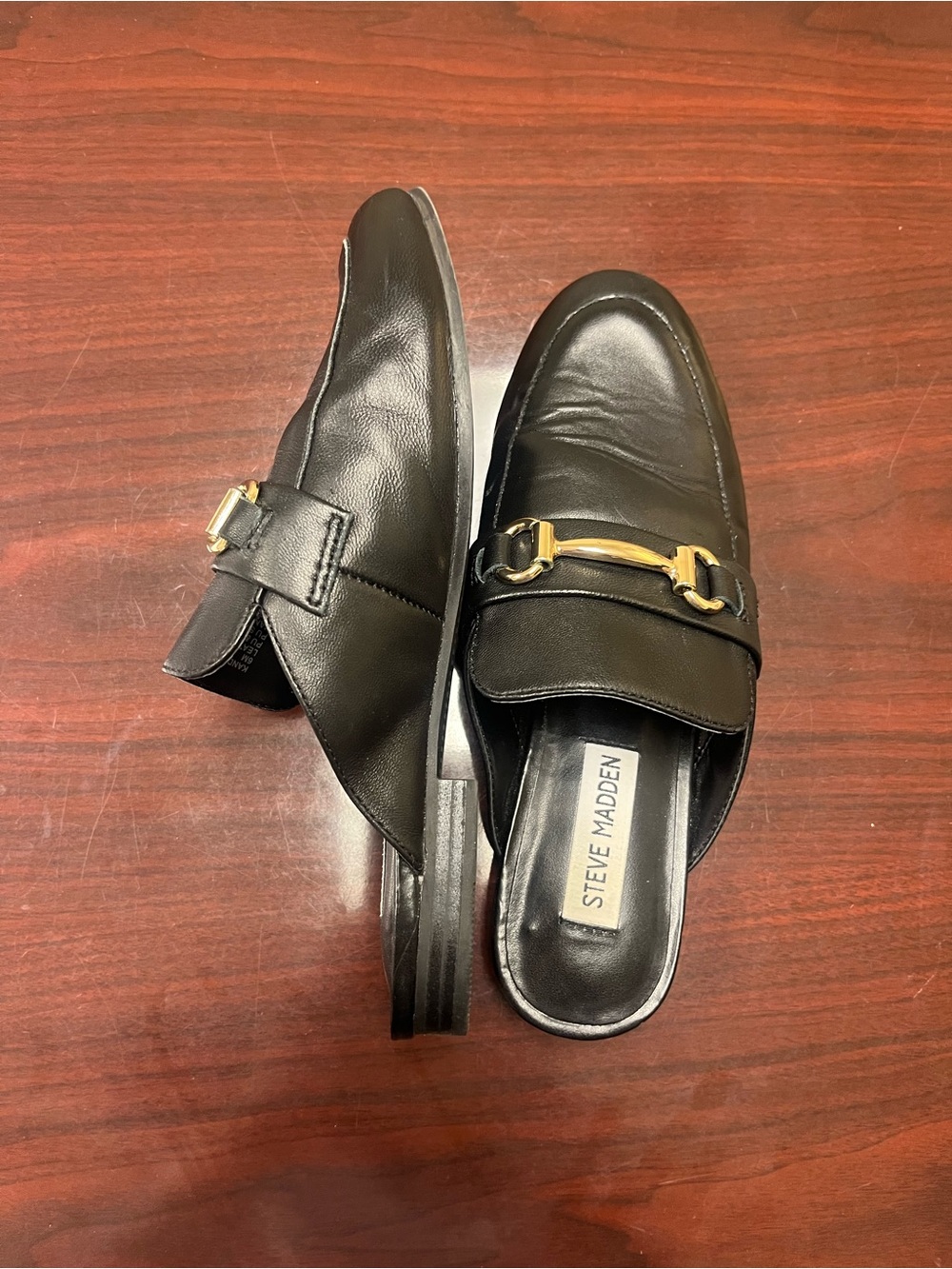 Steve Madden Black Leather Slip-On Loafers with Gold Bit